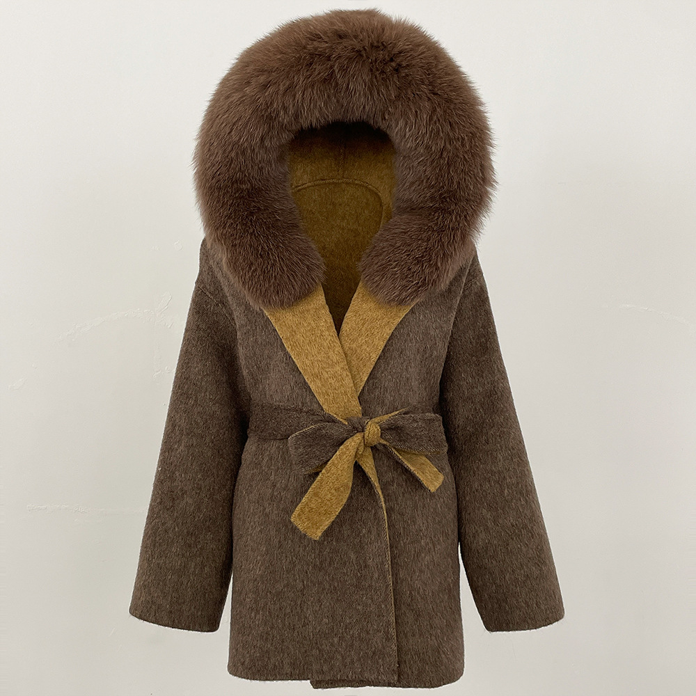 Picture of New Hooded Color-Blocked Fox Fur Collar Autumn and Winter Double-Sided Wool Outwear Women's Cloak Waist Thickeneded Woolen Outwear