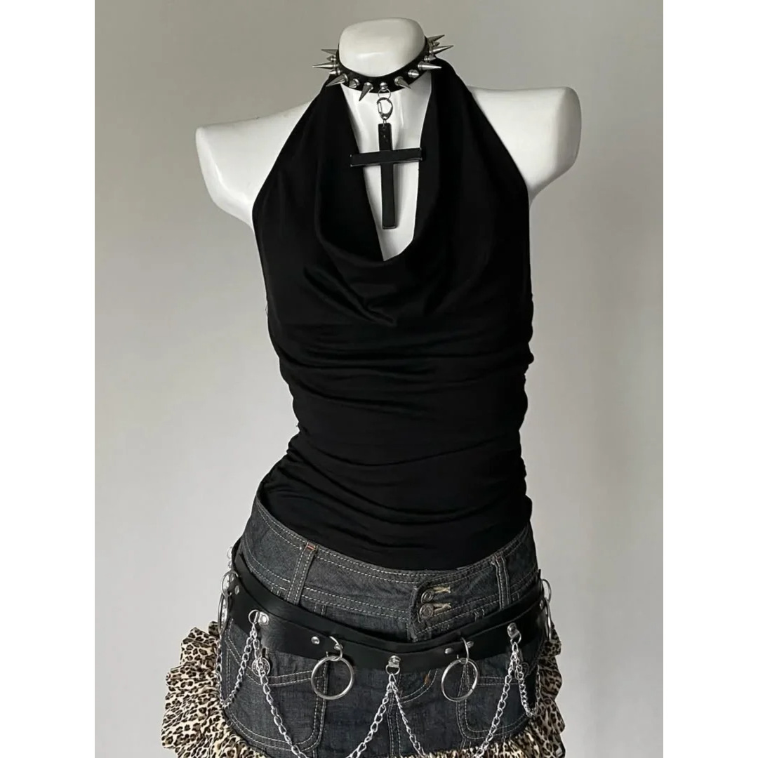 Modal Cotton Black Pure Desire Spice Girl Hanging Neck Swing Collar Vest Women's Summer Niche Tight Waist Slimming Short Top Trendy