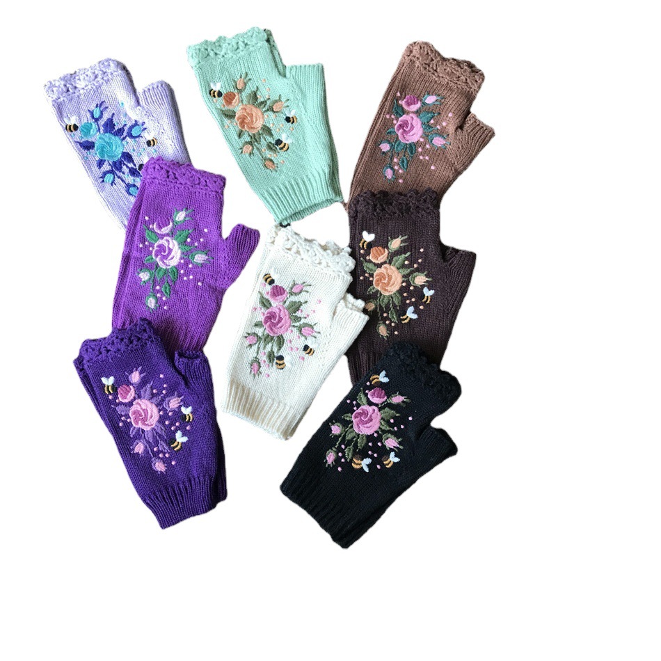 Cross-Border Popular European and American Autumn and Winter New Cross-Border Women's Knitted Gloves Warm Wool Bee Embroidered Half-Finger Hands