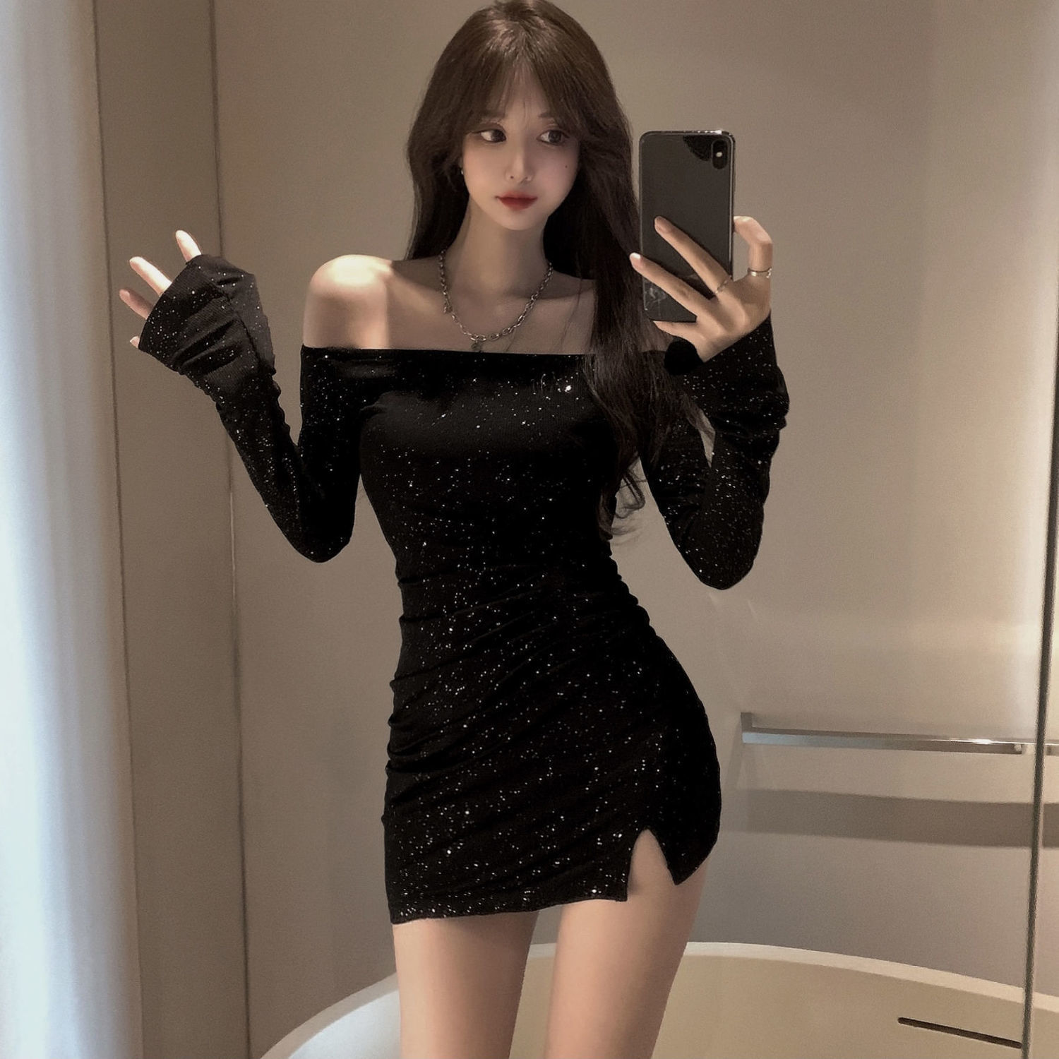 Pure Internet Popular Sexy Spice Girl One-character Collar Shiny Tight Hip Small Black Dress Long-sleeved Split Pleated dress Women