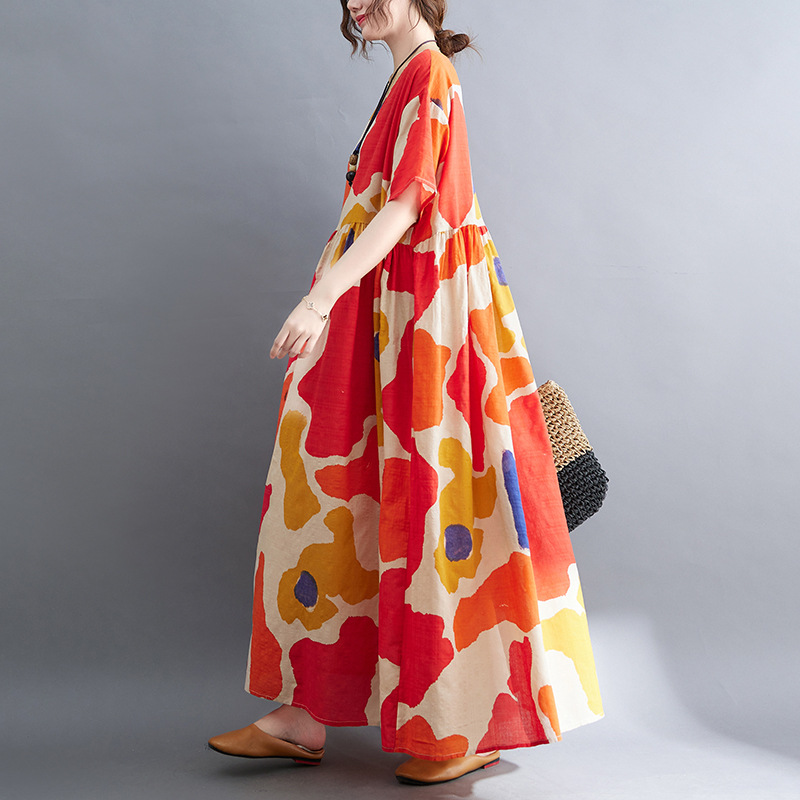 Picture of Artistic plus size chubby girl plus size printed dress summer long dress round neck loose slimming large swing skirt women's clothing
