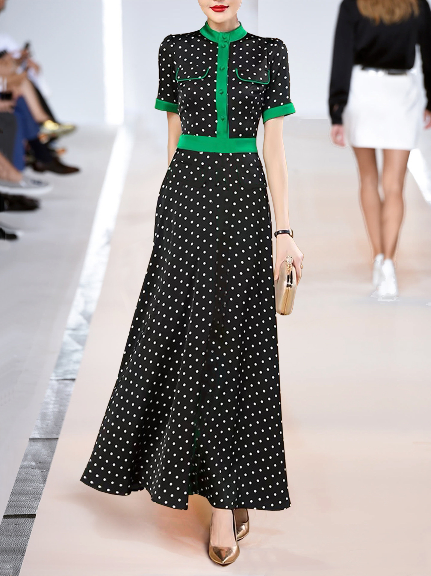 XXL Commuter Fashion Skirt 2024 Summer New Style Vertical Collar Short Sleeve Contrast Color Wave Dot dress Women's Dress