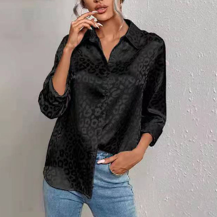 Picture of 2025 Europe and the United States Amazon cross-border new satin temperament commuter loose long sleeve jacquard leopard print shirt women