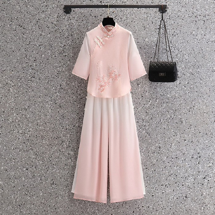 Picture of Vintage Chinese Top Set Large Size Chinese Style Seven-point Sleeve Cheongsam Peony Embroidered Gradient Pants Two-piece Set