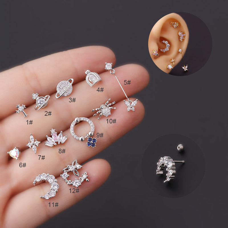 New 0.8 Fine Needle Titanium Steel Screw Ear Nail Sleeping Without Cartilage Puncture Ear Nail Fashion Earrings Single