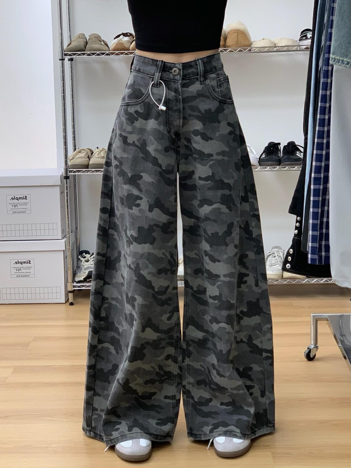 American Style Retro Camouflage Wide Leg Jeans Women's Autumn Design Sense High Waist Slim Look High Dagging Sense Straight Long Pants
