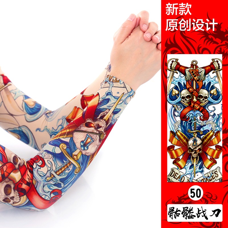 Picture of Ice Silk Tattoo Sleeve Men's Outdoor Driving Sunscreen Sleeve Women's Riding Arm Arm Sleeve Trendy Men's Flower Arm Sleeve