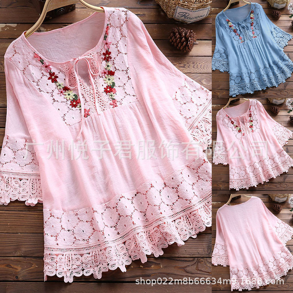 Women's Seven-point Sleeve Lace-up Loose Top Elegant European and American V-neck Loose Blouse