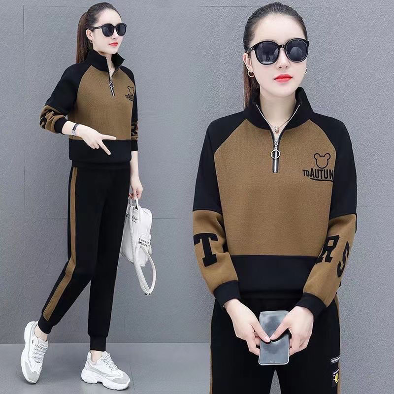 891# embroidered sportswear suit women's 2023 Spring and Autumn plus size loose stand collar fashion casual sweater two-piece set