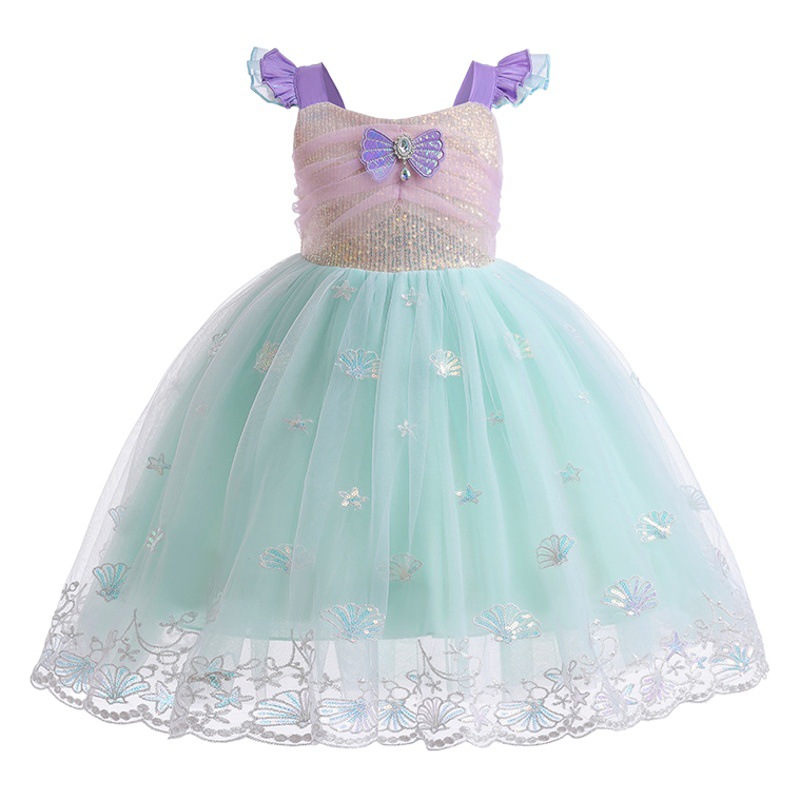 Girls Dress Summer Little Girl Sequined Mermaid Princess Dress Embroidered Style Mesh Puffy Birthday Dress