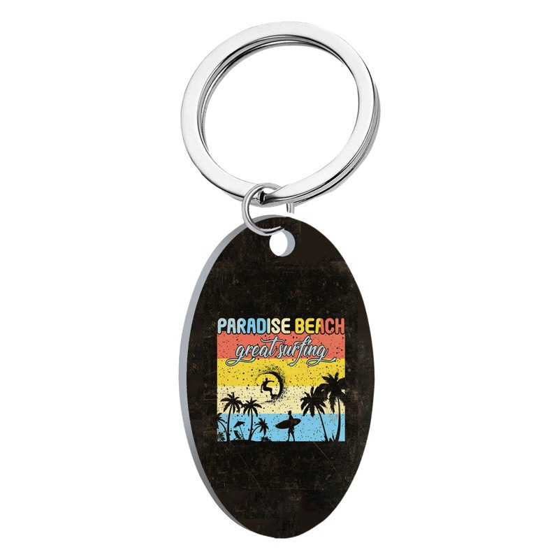 Amazon Cross-Border Stainless Steel Surfing Retro Mobile Phone Chain Pendant Keychain Oval Accessories Lettering Color Printing Wholesale