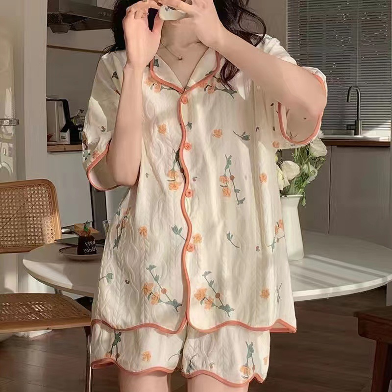 Pajamas Women's Summer Short-sleeved Shorts Small Fresh Thin Summer Internet Popular Casual Cardigan Home Clothes Two-piece Suit