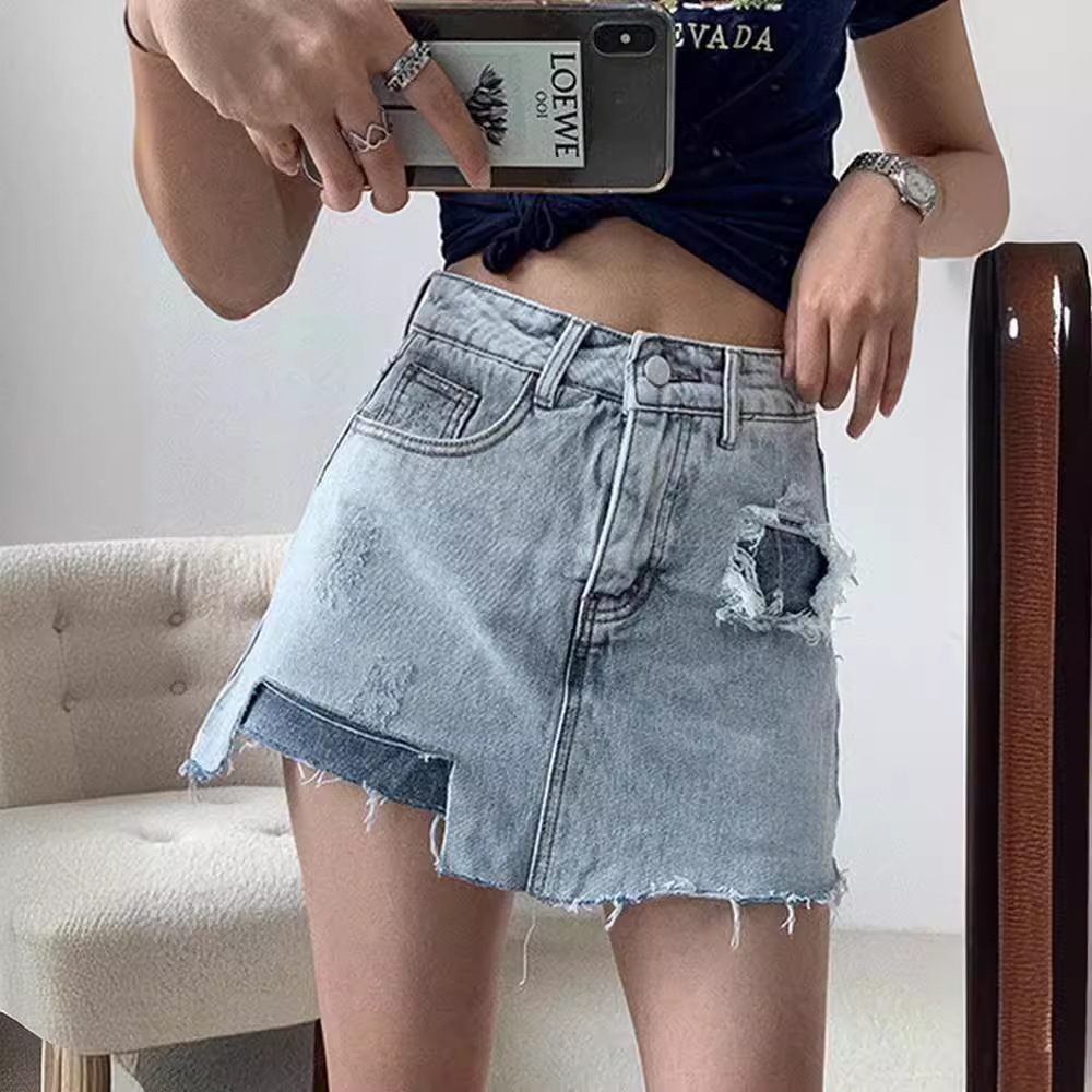 plus size Women's Irregular Hole Denim Skirt Summer High Waist Design Sense Slim A- line Hip Skirt Trousers