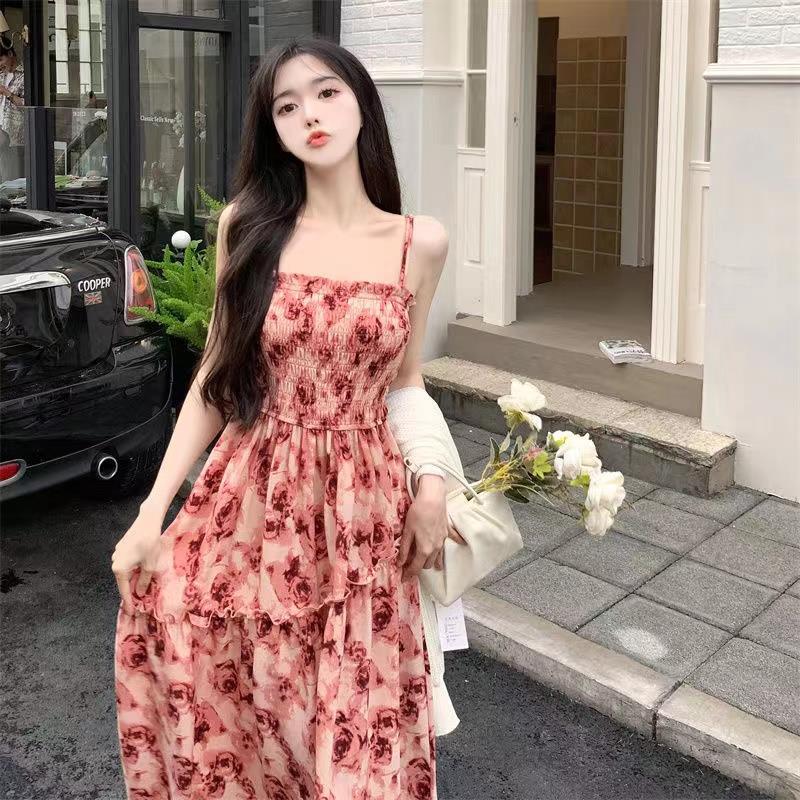 Japanese-Style Student Fresh Floral Dress 2025 Summer New Age-Reducing Sweet High-Waisted Elegant Spaghetti Strap Dress for Women