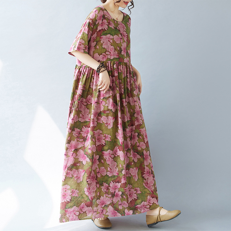 Picture of Simple Fashion Bohemian Dress Summer New Fat Plus Size Short Sleeve Round Neck Printed Dress for Foreign Trade Women