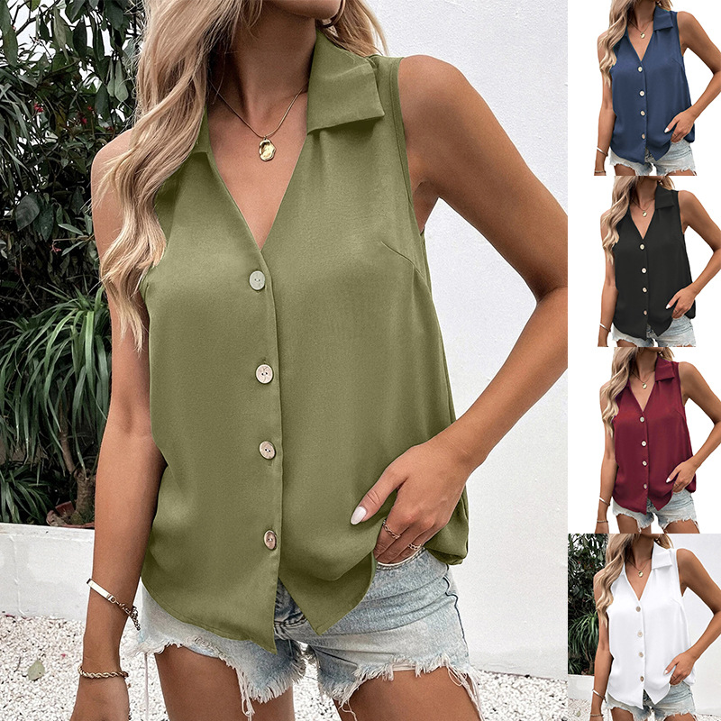 Picture of 2025 European and American Cross-Border Summer New Women's Clothing Pure Color V Neck Loose Chiffon Shirt Sleeveless Twist Button Vest Shirt for Women