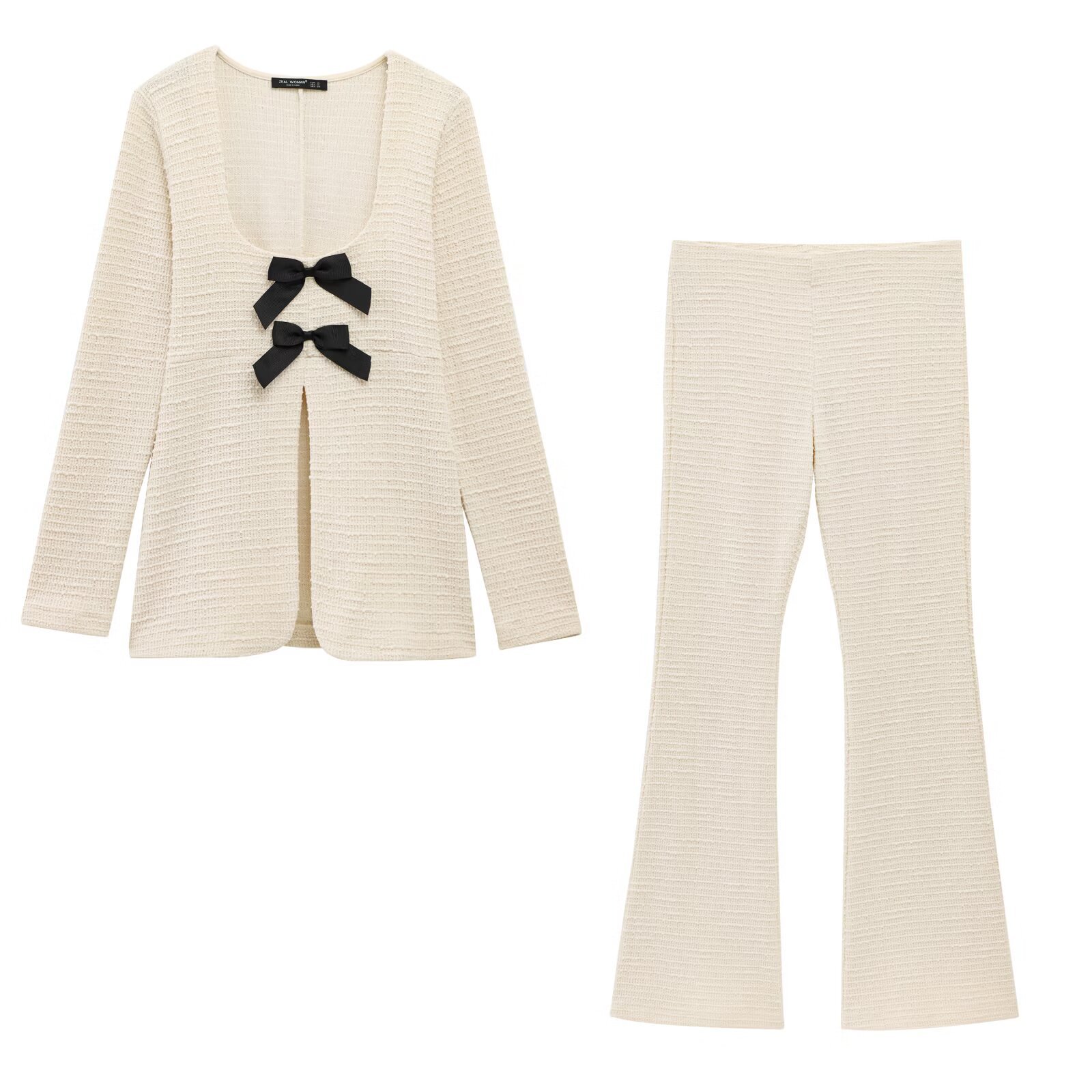 ZA Cross-border Women's U-neck Textured Bow Lace-up Long Sleeve Top Flared Pants suit 5039153 5039155