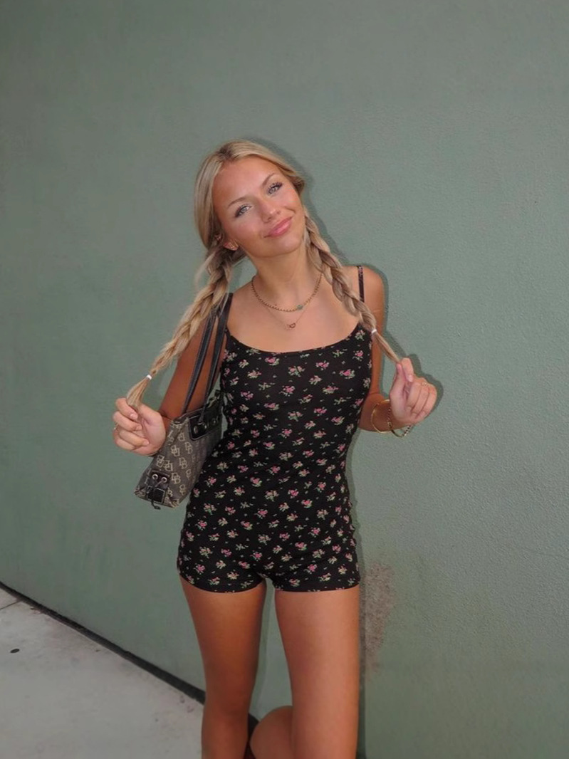 Street Fashion Sweet Hot Girl Sling Slim-Fit Jumpsuit Sexy Big Backless Strap Small Floral Home Clothes for Women
