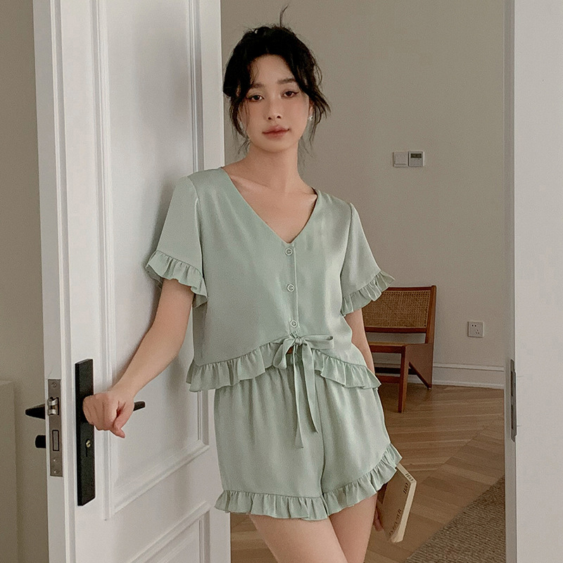 Yao Ting's New Ice Silk Pajamas Women's Spring and Summer Ear Design Cardigan Short Sleeve Shorts suit 3284
