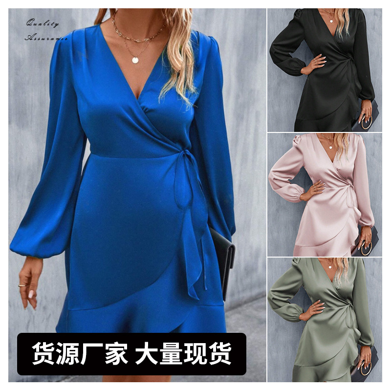 Summer V Neck Satin Dress Satin Waist Low-Cut Mid-Length Skirt Export Amazon Cross-Border European and American Style Women's Clothing