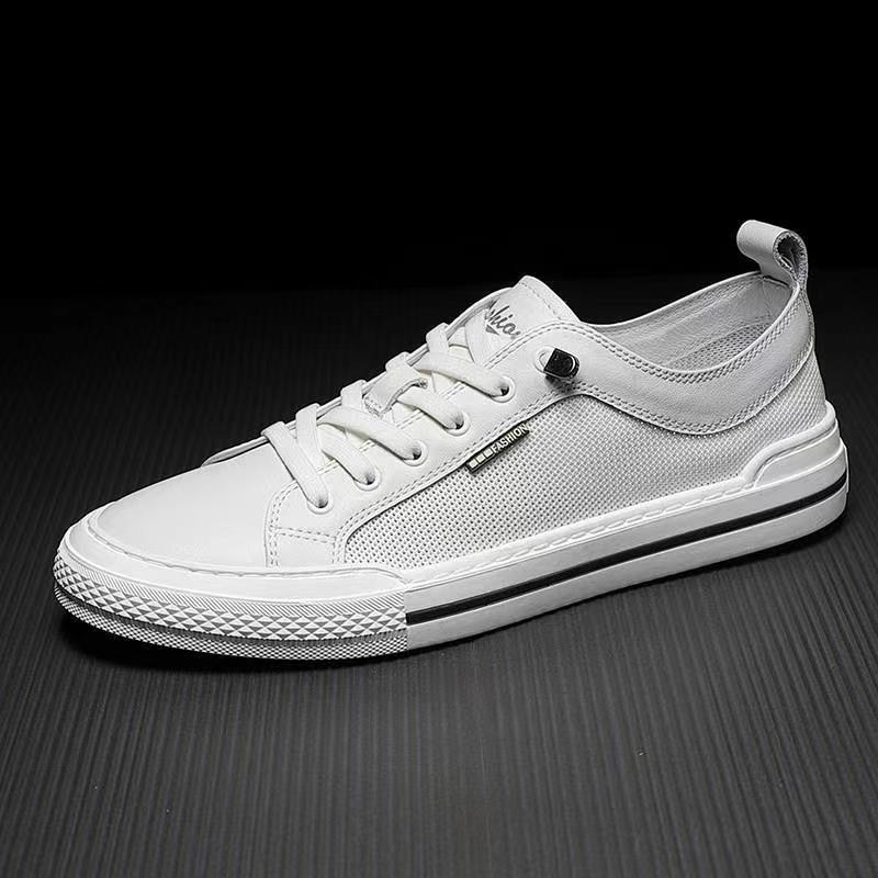 2024 Summer New Men's Shoes Fashionable Genuine Leather Round Head Mesh Casual Shoes Men's Daily White Shoes Breathable Sneakers