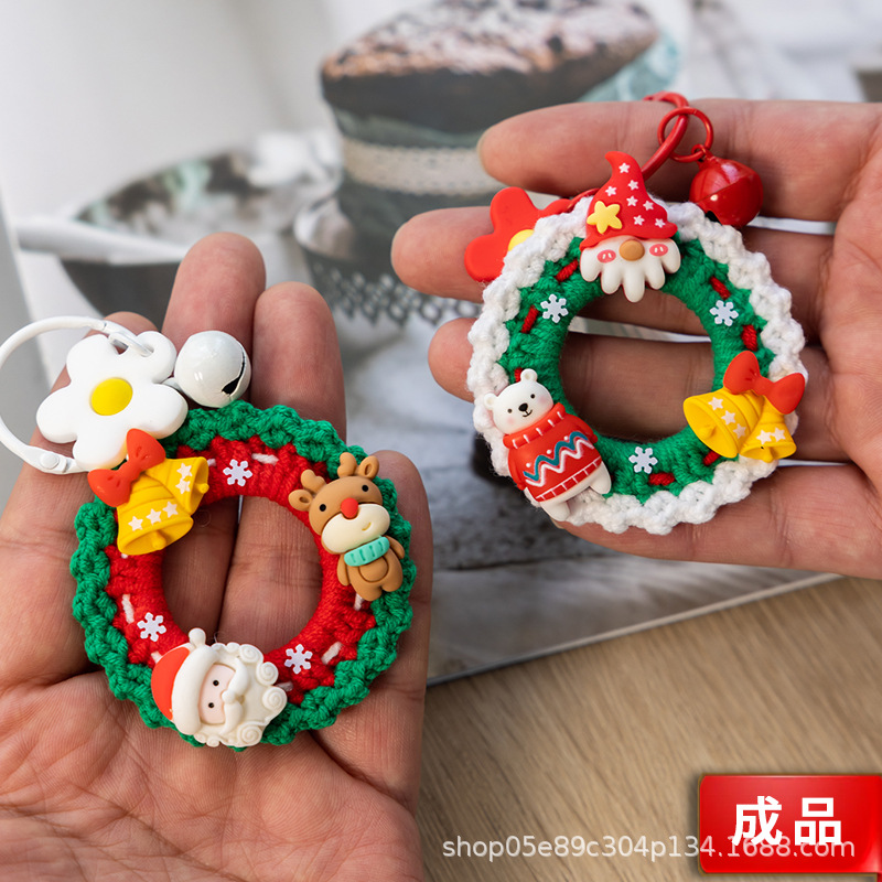 Picture of Christmas Wreath Keychain Pendant Wool Crochet Handmade Diy Crochet Hand Made Homemade