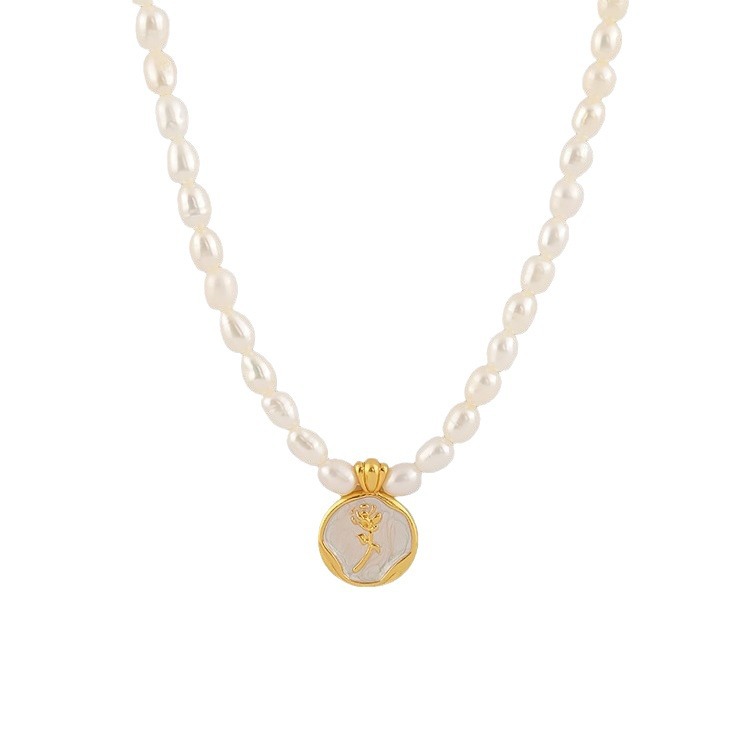 Picture of French Elegant Pearlescent White Enamel Vintage Rose Gold Pendant Freshwater True Pearl Necklace Women's Clavicle Chain