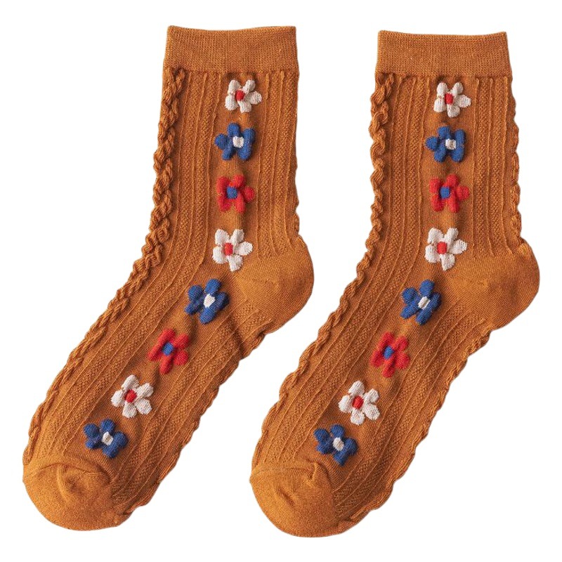 Socks Women's Mid-length Socks Autumn and Winter Pure Cotton Ethnic Style Vintage Flower Socks Stockings Japanese Style Instagram Style Fashionable Cute jk Socks