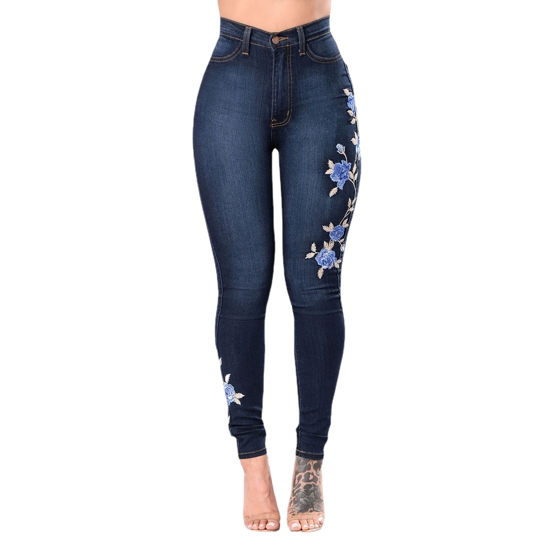 Ebay Amazon Hot Internet Red Jeans European and American Embroidered Stretch Pencil Pants Export Low Waist Pants for Women