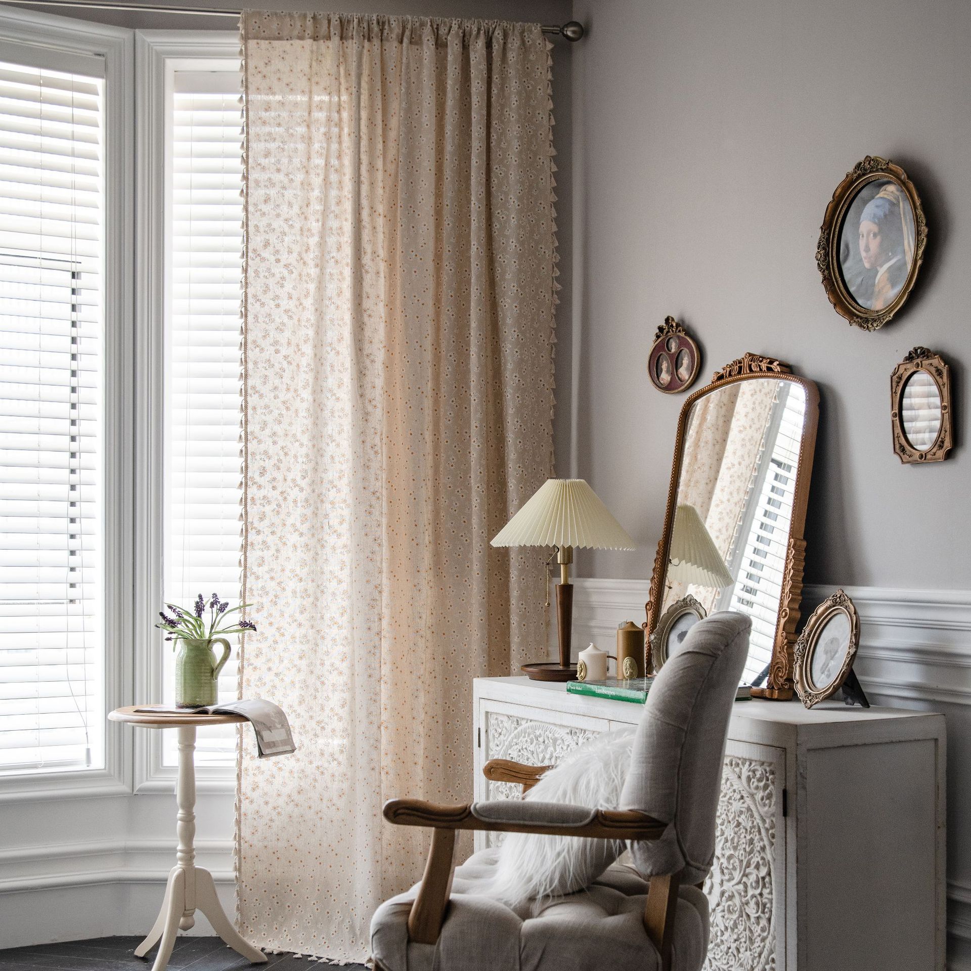 Yiman Qiyun Curtain Finished Cotton and Linen Kitchen Curtain Pastoral Daisy Printed Bay Window Curtain