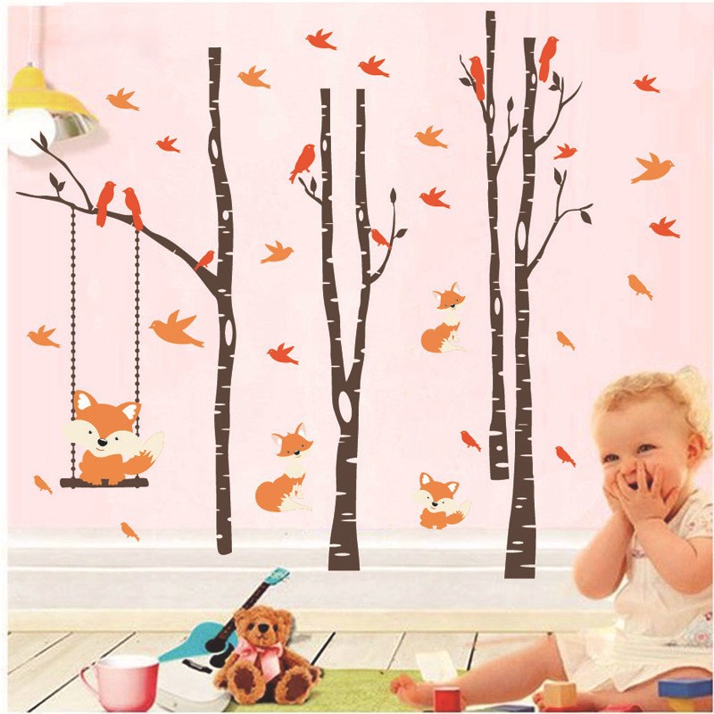 Nordic Jungle Animal Wall Stickers Children's Bedroom Wall Decoration Autumn Deciduous Fox Stickers Thanksgiving Day Stickers