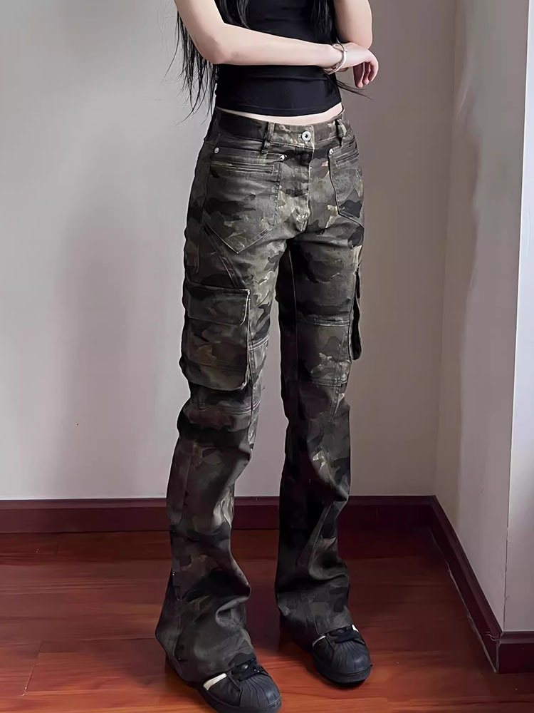 American Retro Three-Dimensional Line Flared Camouflage Cargo Pants Niche Women's Summer High Street Multi-Pocket Couple Jeans
