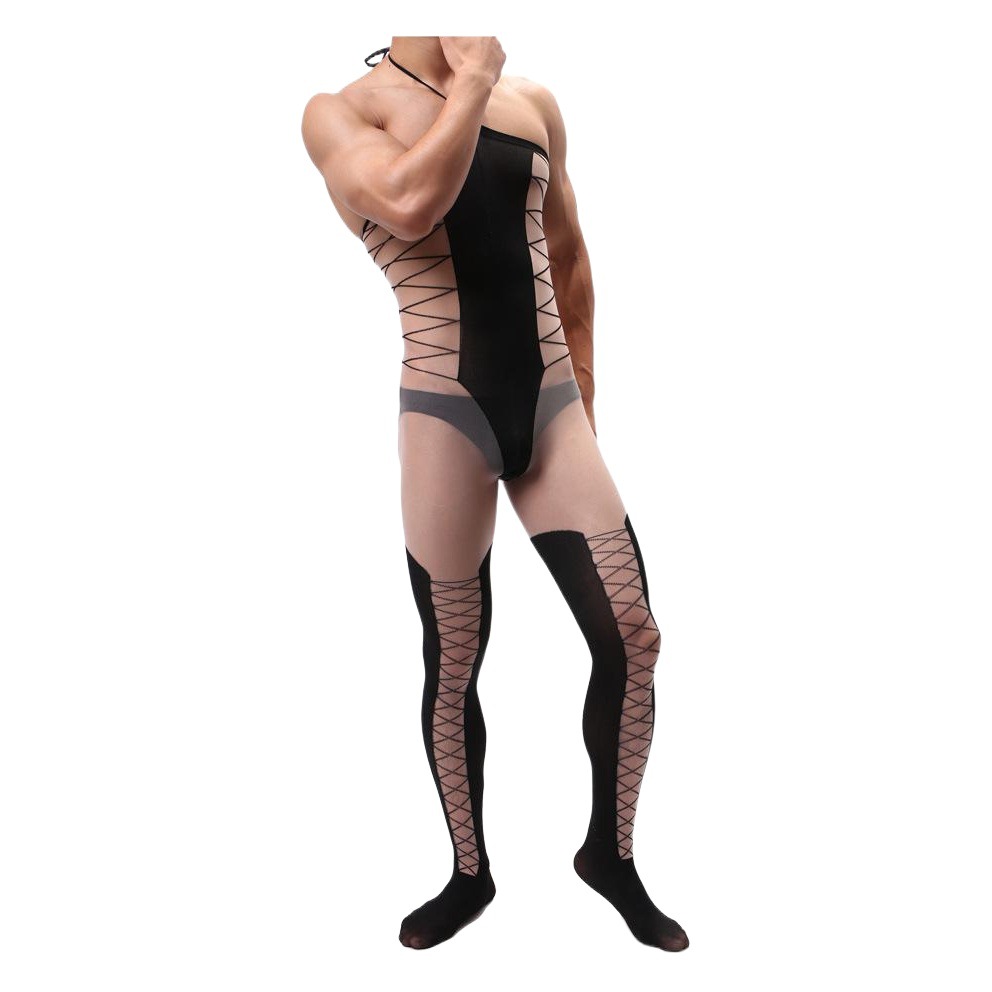 Men's Jacquard Red Strap One-piece Silk Stockings Men's One-piece Net Stockings Open Crotch Hollow Silk Transparent Silk Stockings