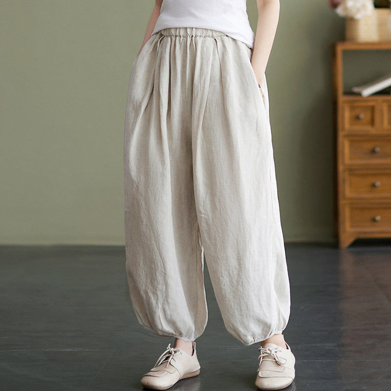 Thin Artistic Large Size Solid Color Cotton and Linen Bloomers Women's 2024 Summer Loose Casual Loose Loose Waist Ankle-length Pants