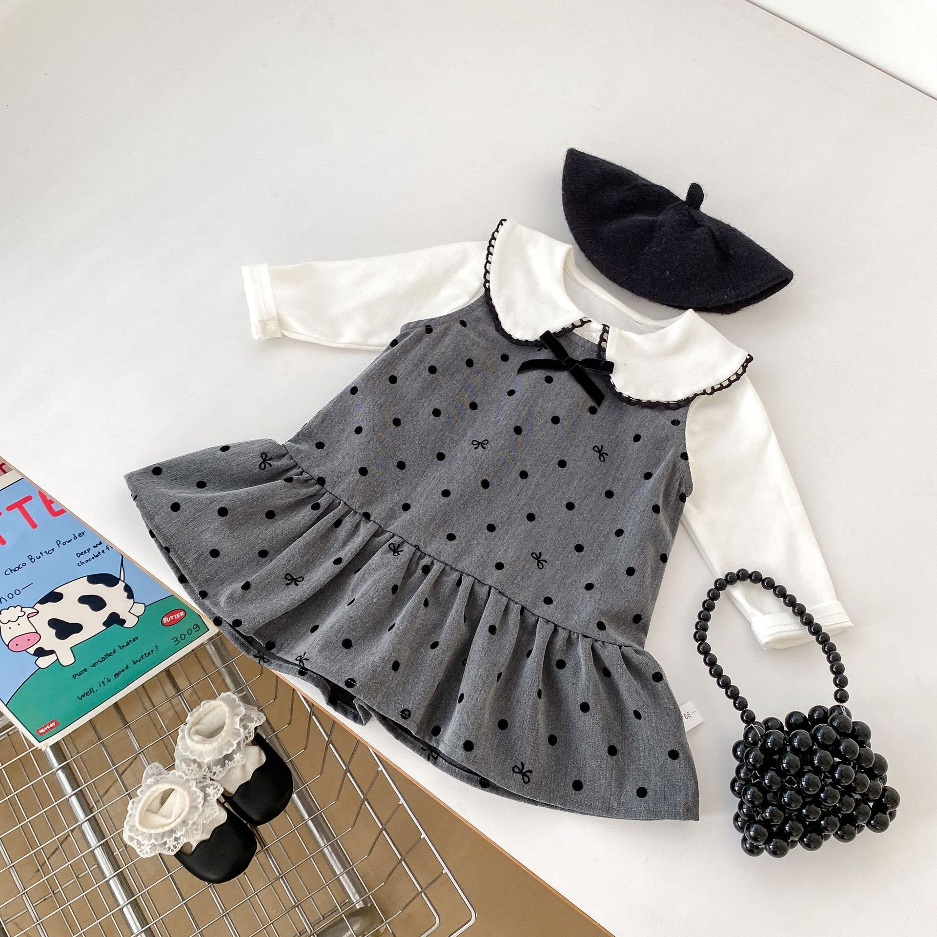 Spring New Baby Girl Polka Dot Vest Dress Stylist Bow Ruffled dress Base Shirt Two-piece Set