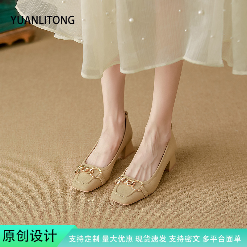 Sheepskin version ~ fashion square head single-layer shoes women's fashion outer wear high-end high-heeled shoes Chengdu style quality women's shoes thick heel