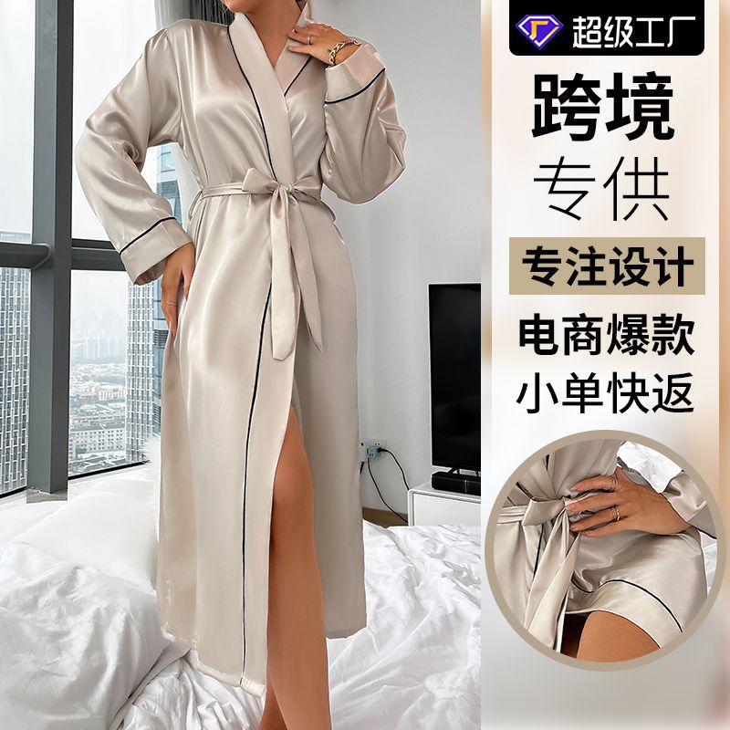 Explosions Ice Silk Thin Sexy Women's Bathrobe Cross-border Fashion Silk High-end Nightgown European and American Cardigan Women's Pajamas