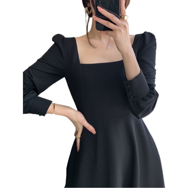 Black Dress Women's 2022 Autumn New Long Sleeve French Retro Hepburn Style Square Collar Dress