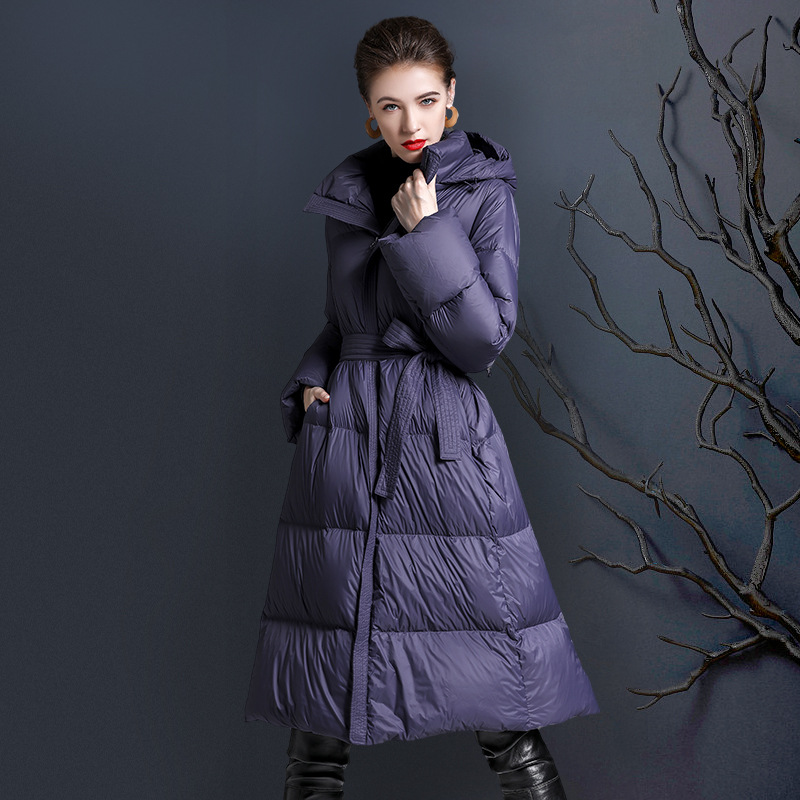 Picture of Hooded White Duck down down Jacket for Women 2025 Mid-Length Fashionable Classy Loose Thickeneded Lace-Up down Jacket