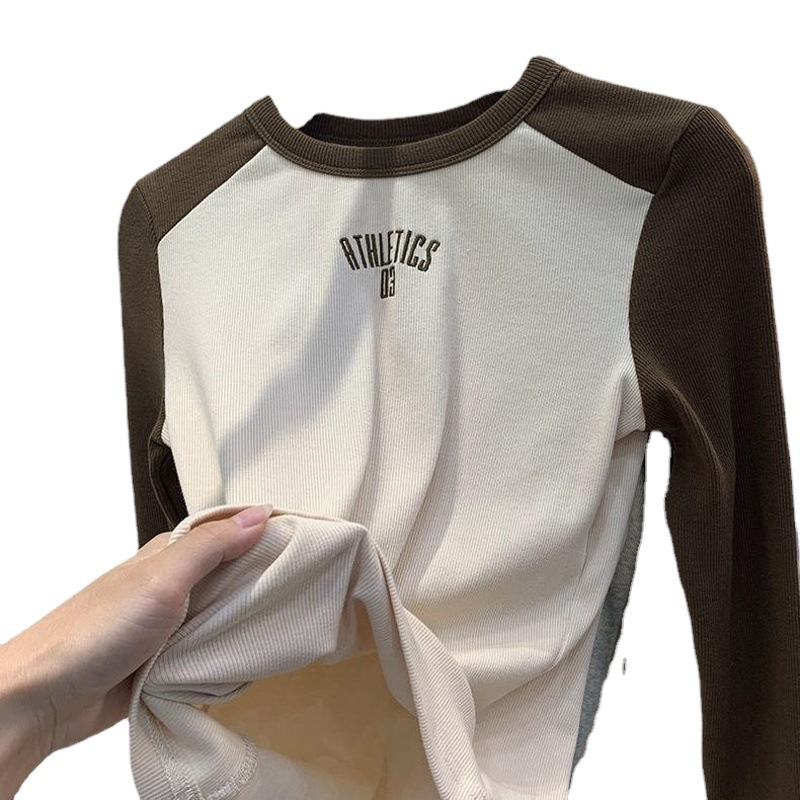 European Shoulder T-Shirt Women's Long-sleeved 2022 Autumn New Contrast Color Slim-fit Base Shirt Inner Short Tight Top