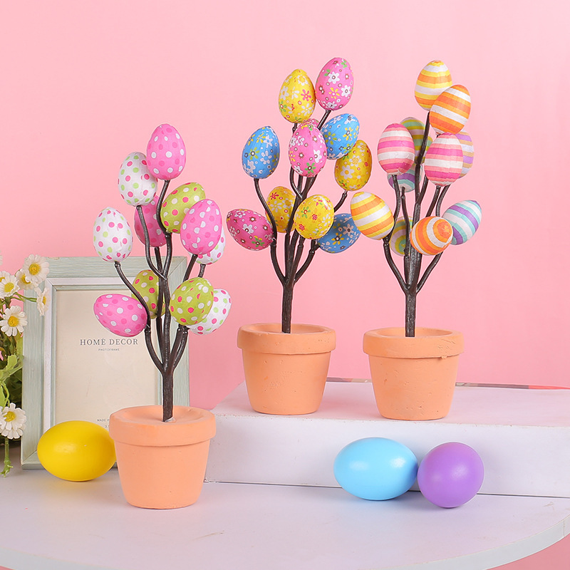 Cross-border Easter simulation eggs potted 2024 cartoon printed eggs Easter desktop decoration ornaments wholesale