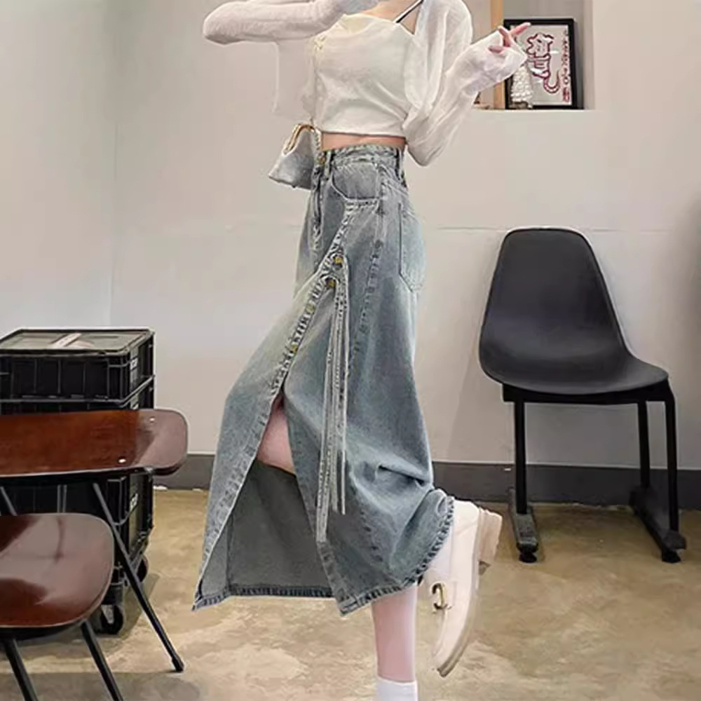 National Style Split Skirt Women's 2024 New Summer High Waist Slimming Strap Design New Chinese Denim Midi Skirt
