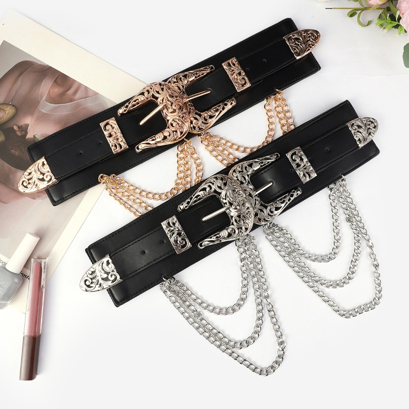 Cross-border European and American wide waist seal hollow double buckle chain tights with casual fashion wide waist seal women's dress accessories