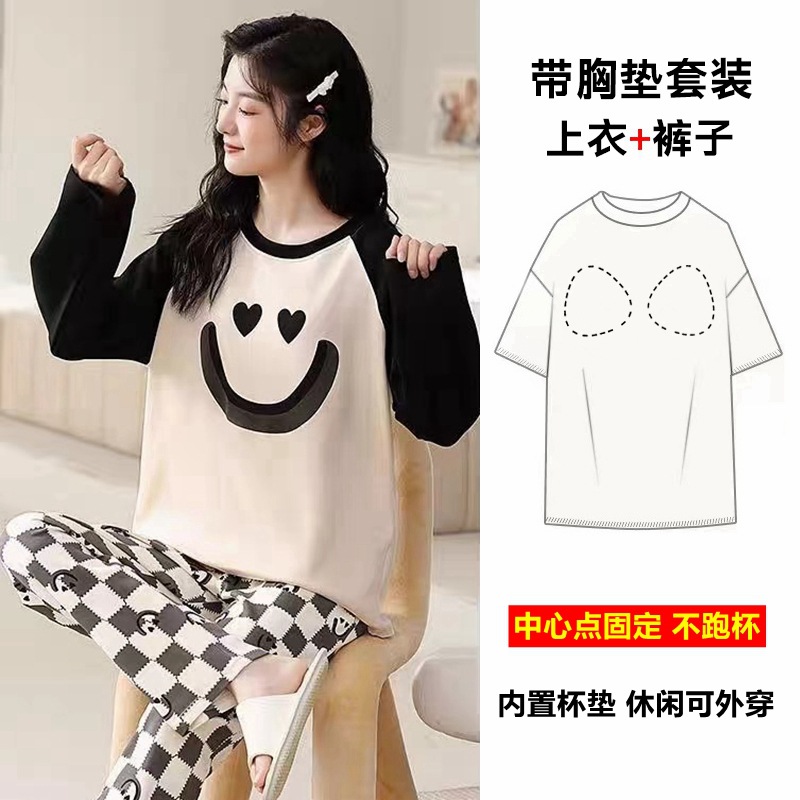 Foreign Trade Cross-border Korean-style Spring and Autumn Pajamas Women's Imitation Cotton Crewneck Long-sleeved Trousers Fixed Chest Pad Home Wear