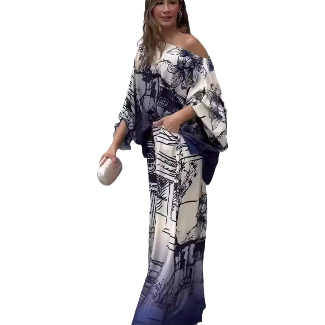 Cross-Border Amazon Independent Station European and American Print New Fashion Long-Sleeved Bat Shirt Wide-Leg Pants Suit with Belt
