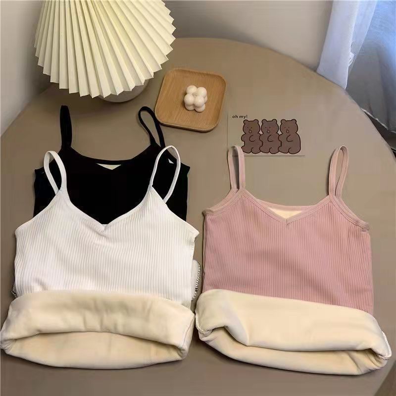 Winter Versatile Warm Camisole for Female Students with Velvet and Thickeneded Heating Inner Layer with Slim V Neck Pure Color Base Layer