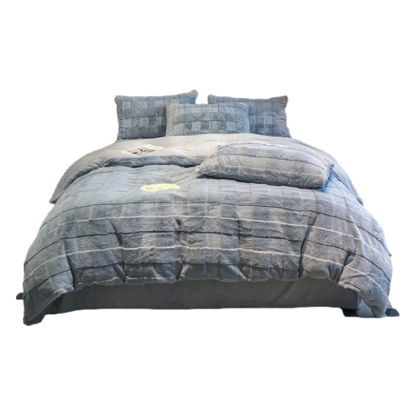 High weight winter rabbit plush four-piece set class a thickened warm milk velvet bed sheet quilt cover fleece-lined fitted sheet Nantong