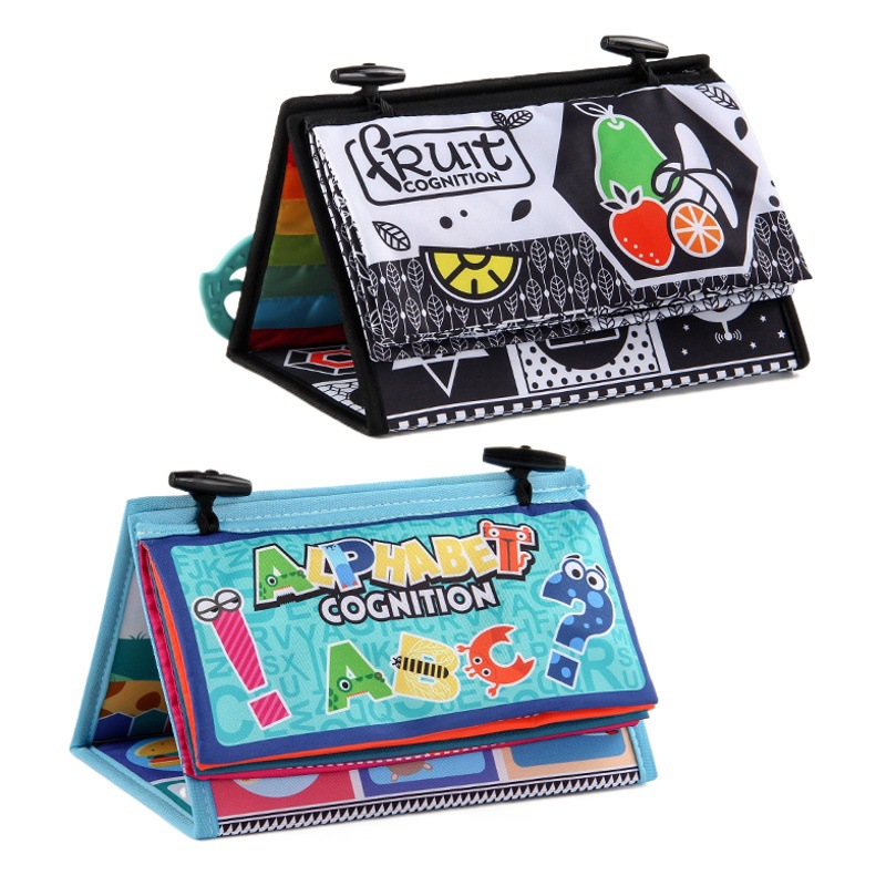 New three-dimensional infant cloth book early education cognitive toys black and white fruit color English cloth book ha ha mirror set