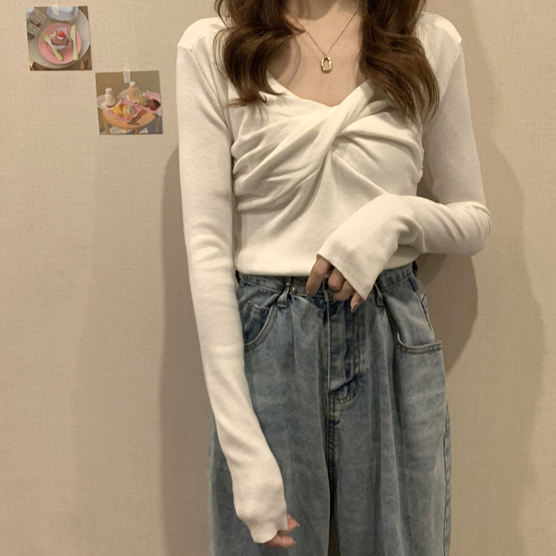 Picture of Early Spring 2021 New Sweater Cared Machine Cross V-neck Knitted Sweater Women's Autumn and Winter Slim-fit Inner Base Shirt Top