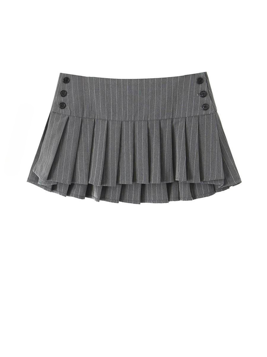 College-style Striped Suit Pleated Two-piece Skirt Women's 2024 Summer New Design Sense Adjustable High and Low Waist A- line Skirt